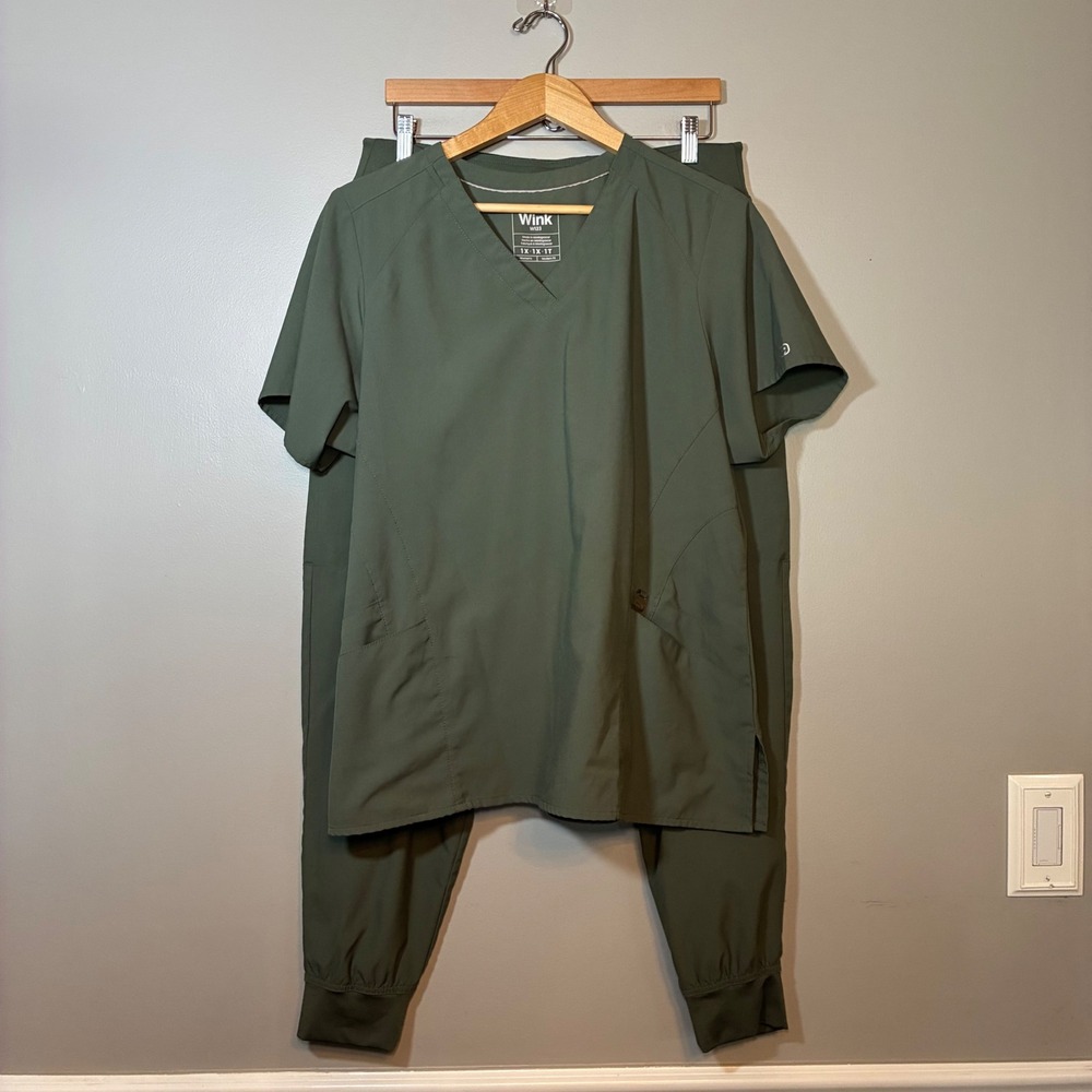 Wink W123 Olive Green Scrub Set V-Neck Top and Jogger Pants Plus Size 1X 1T